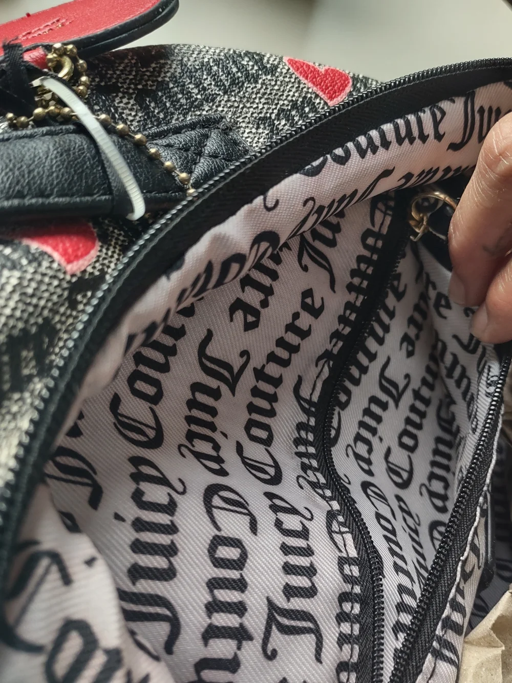Juicy Couture Black Logo Valentine Hearts Canvas Mini Backpack Red Heart Charm